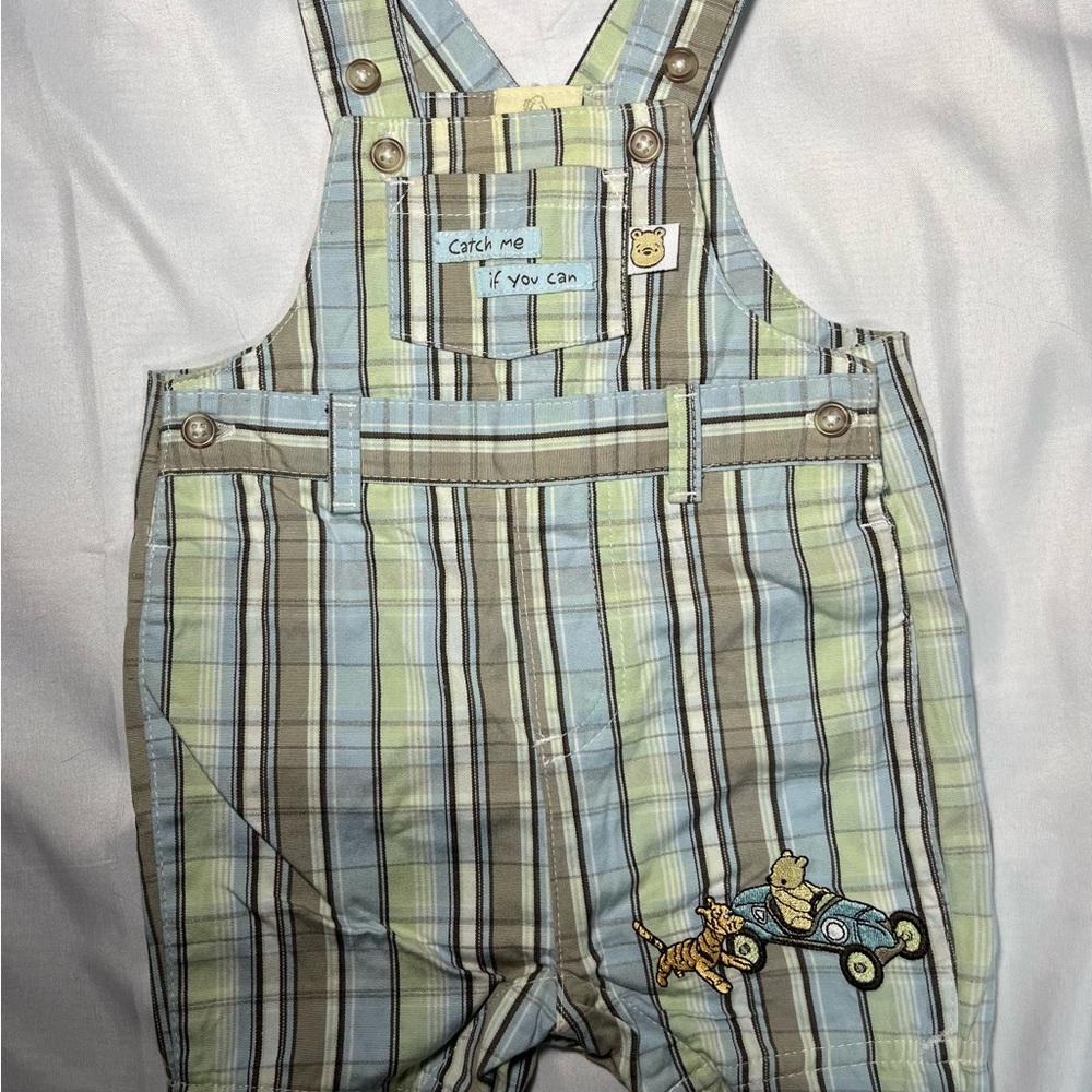 Vintage Disney Classic Pooh‎ Shortalls NB Winnie the Pooh Plaid Embroidered